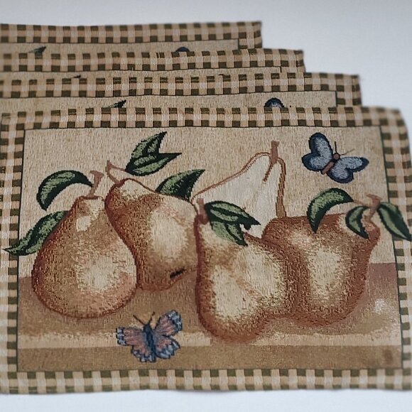 Vintage Farmhouse Dining Table Tapestry Placemats 4pc Set Pears & Butterflies - Picture 1 of 6